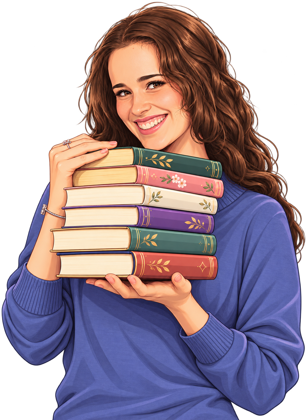 A Chapter of My Life illustration: a smiling woman in a blue sweater holding a stack of books.