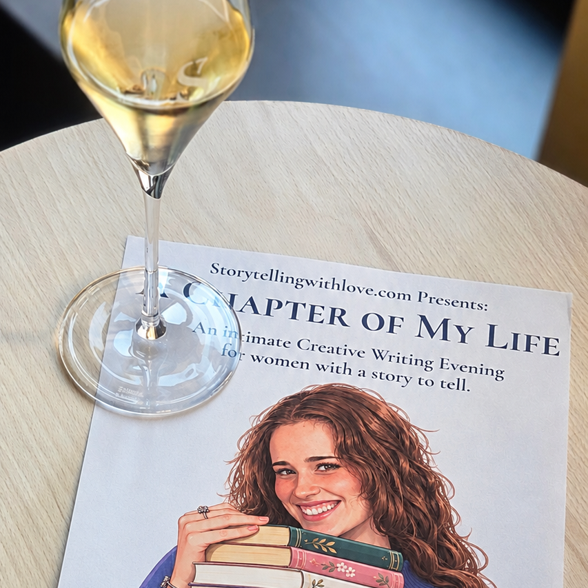 A Chapter of My Life printed writing toolkit beside a glass of champagne.