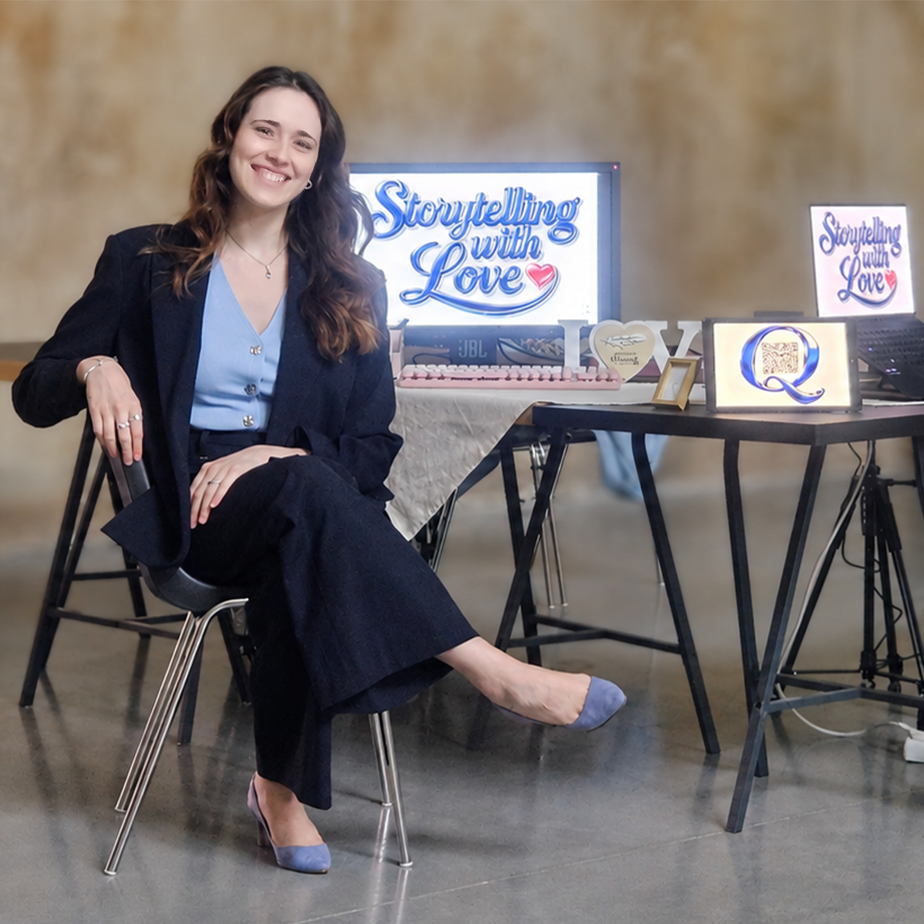 Lisa Camilla La Colla seated beside Storytelling With Love writing materials in Vienna.