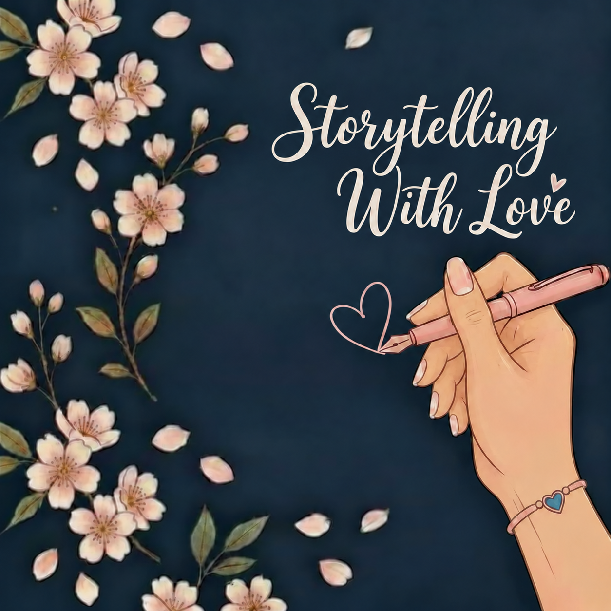 Storytelling With Love newsletter illustration with a pink pen drawing a heart and pink blossoms on a blue background.