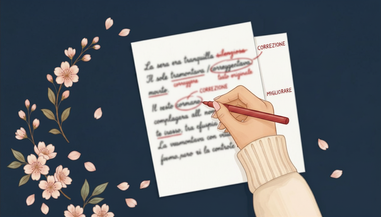 Alt text in English: “A hand marking a printed page with a red pen—words are circled and underlined with notes—surrounded by falling cherry blossom petals on a dark blue background.