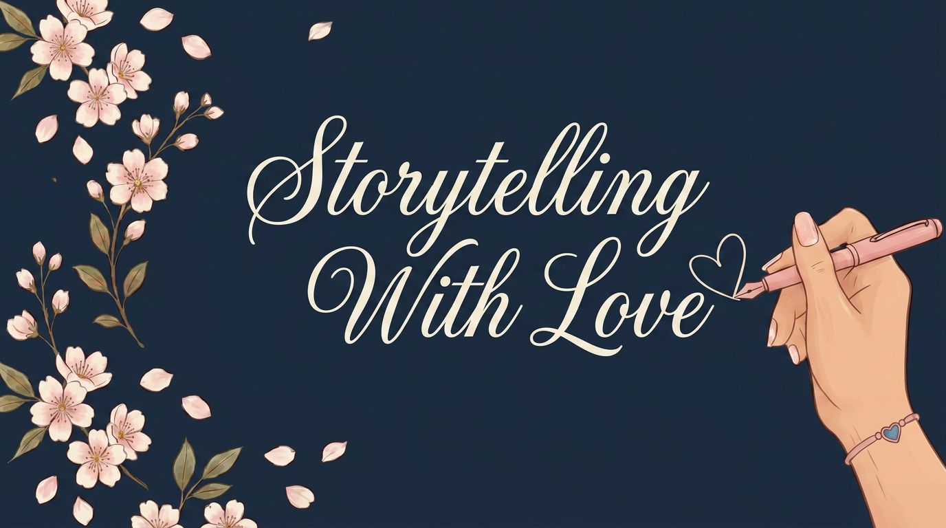 The words ‘Storytelling With Love’ in elegant cream script on a dark blue background, framed by cherry blossoms and a hand holding a pink pen drawing a heart