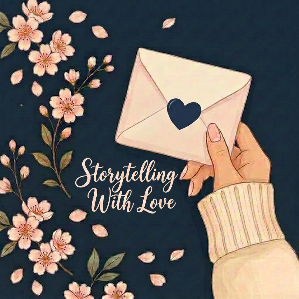 Alt text in English: “A hand holding a love letter envelope with a heart seal, surrounded by cherry blossoms and the words ‘Storytelling With Love’ on a dark blue background.