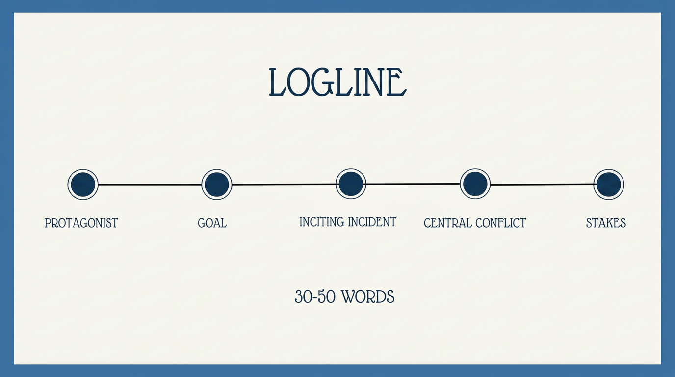 A simple landscape slide titled ‘LOGLINE’ with a horizontal structure showing protagonist, goal, inciting incident, central conflict, and stakes, plus a note that it should be 30–50 words