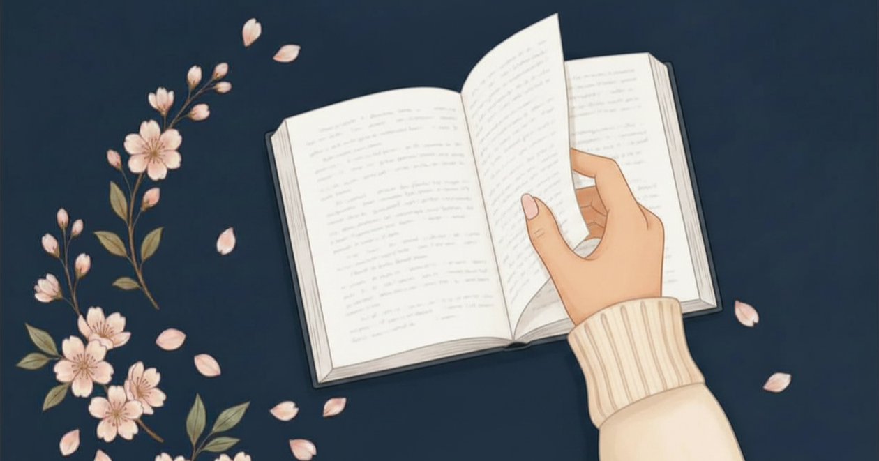 An open notebook with a hand turning a page, surrounded by delicate pink blossoms on a dark blue background.