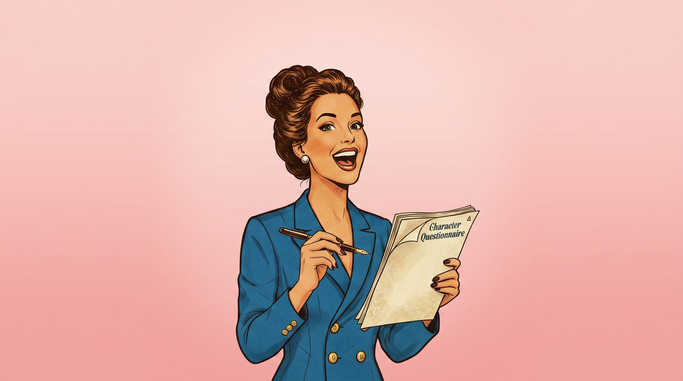 An illustrated woman in a blue blazer smiles while holding a script and pen against a pink background
