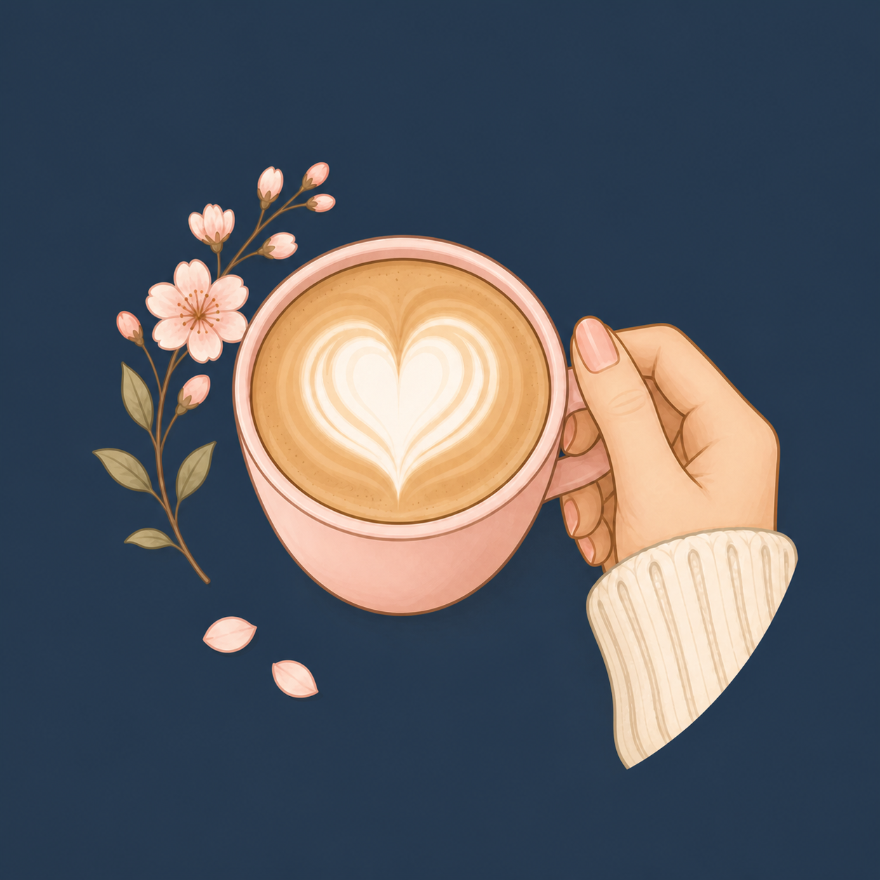 A hand holding a pink cup of latte with heart-shaped foam art, beside delicate cherry blossoms on a dark blue background.