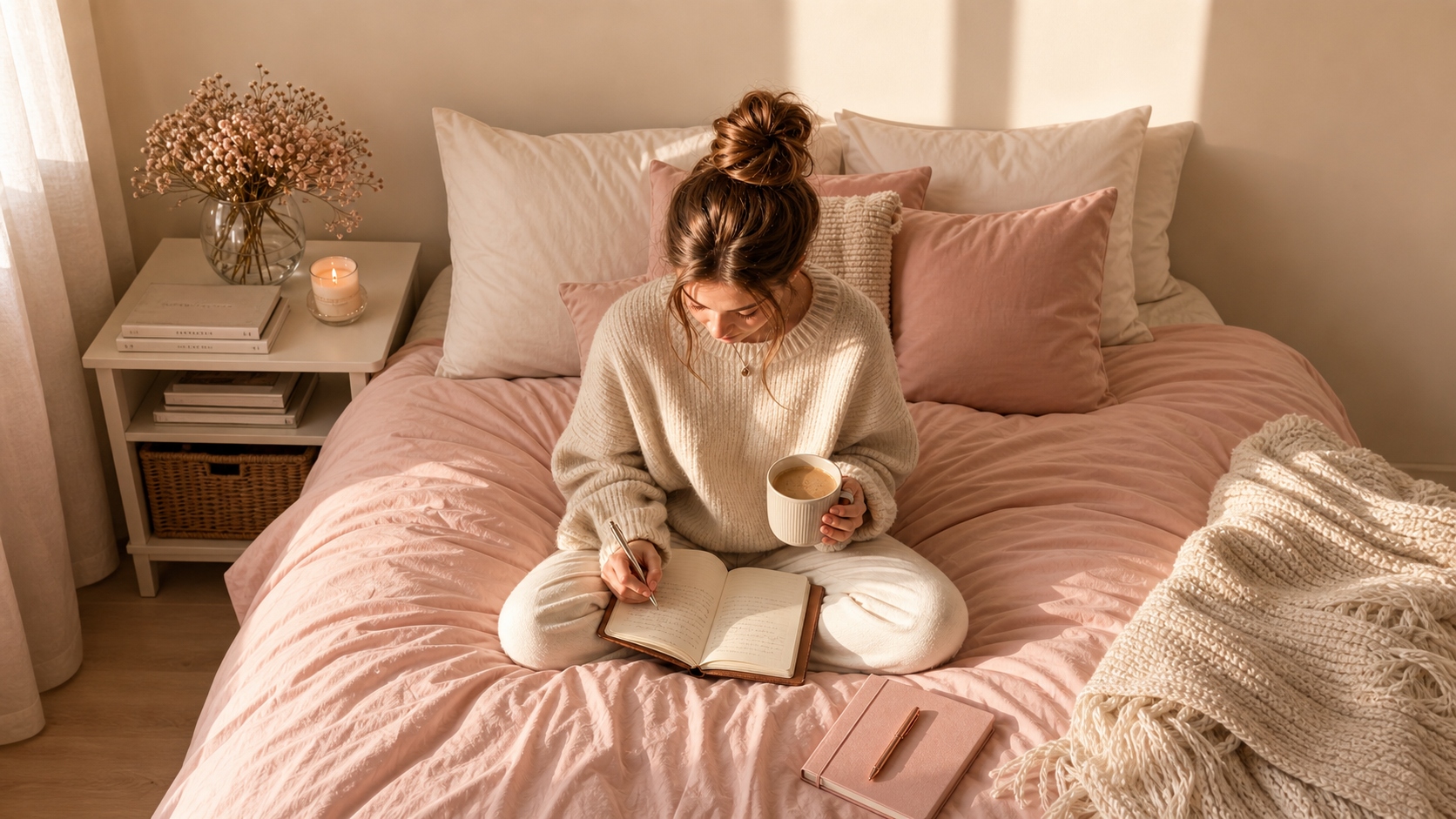 Lisa La Colla on a pink bed, writing in a notebook while holding a cup of coffee in a soft, sunlit bedroom
